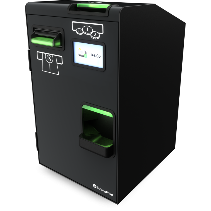 Vue d'ensemble d'une borne de paiement automatique, montrant l'écran, le lecteur de carte et le bac de récupération de monnaie.