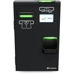 Vue de face d'une borne de paiement automatique, montrant l'écran rétroéclairé, la fente d'insertion et le réceptacle de sortie