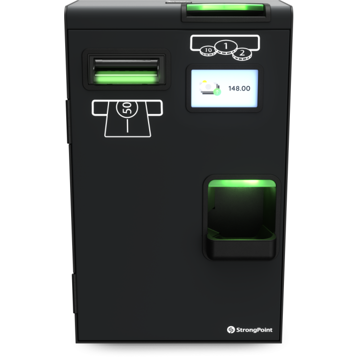 Vue de face d'une borne de paiement automatique, montrant l'écran rétroéclairé, la fente d'insertion et le réceptacle de sortie