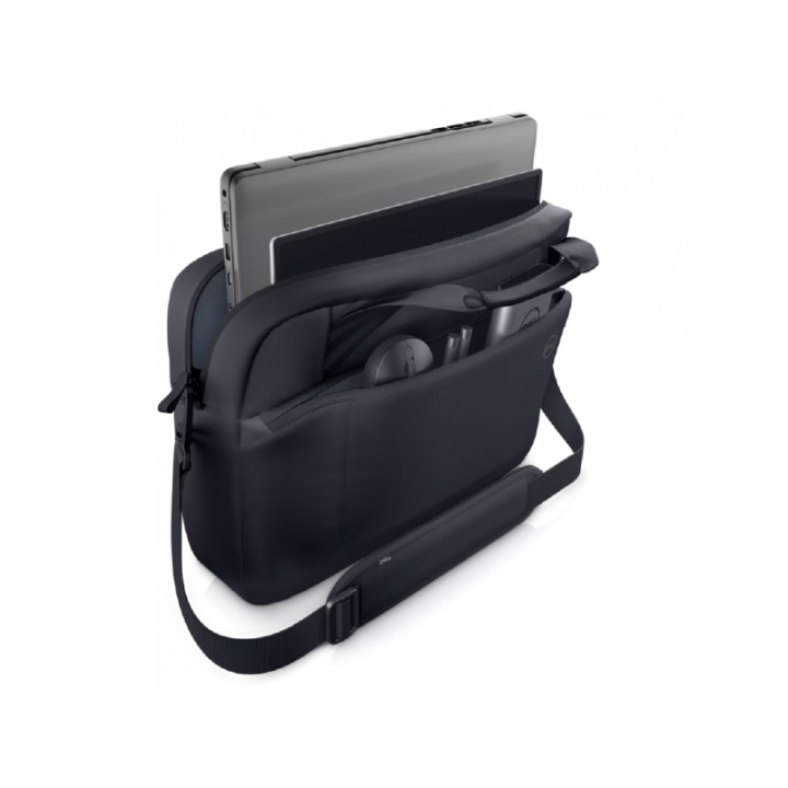 Sacoche Dell EcoLoop Pro 15-16 ouverte contenant un ordinateur portable, une souris et des accessoires Dell