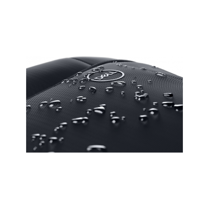 Gros plan sur le traitement hydrofuge de la sacoche Dell EcoLoop Pro 15-16 avec gouttes d'eau perlantes