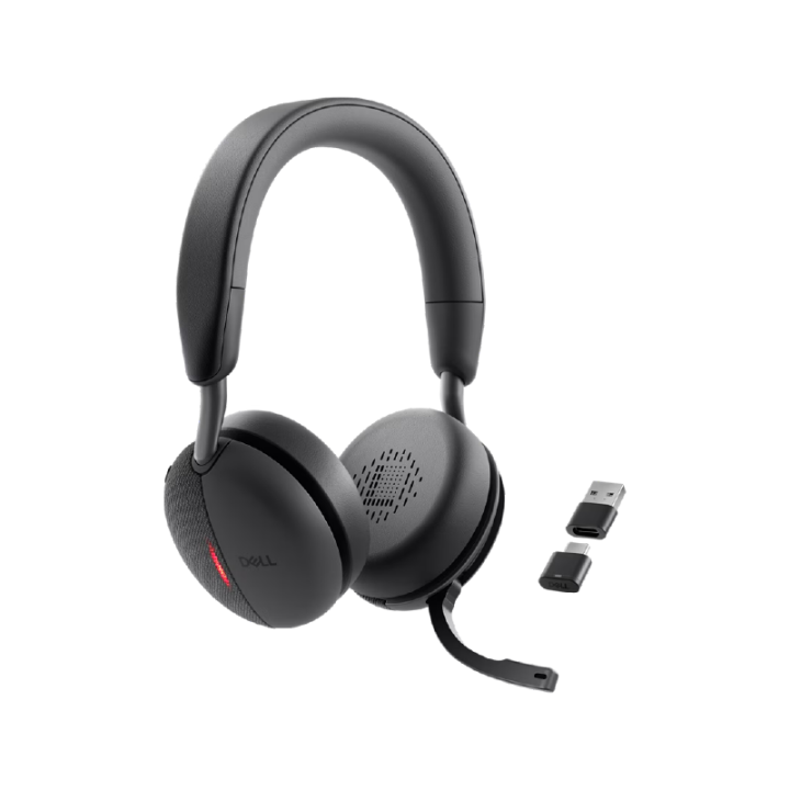 Casque sans fil Dell WL5024 avec micro-boom déployé et dongles USB-A et USB-C inclus