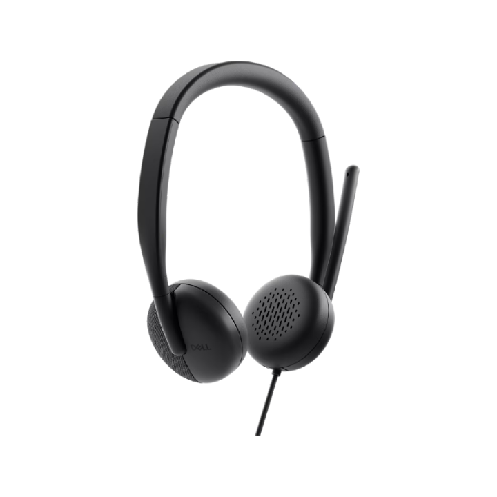 Casque filaire Dell Pro WH3024 noir vue de trois quarts avec micro-boom relevé