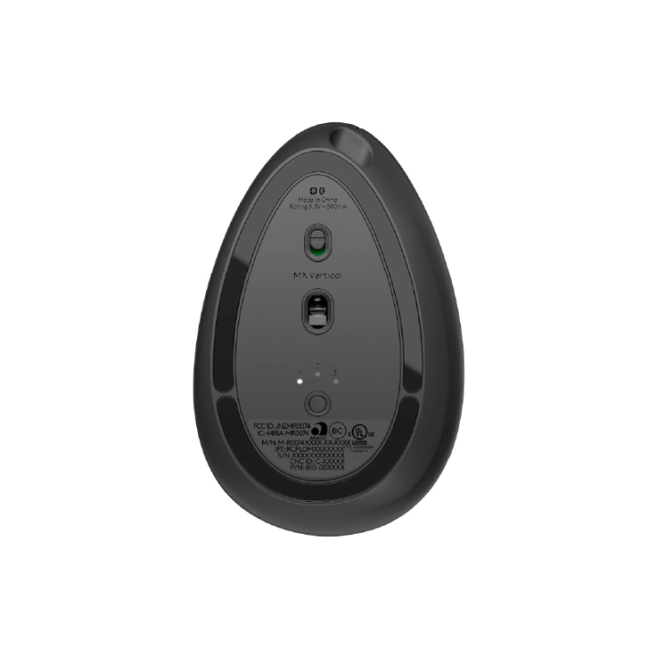 Dessous de la souris ergonomique verticale Logitech MX Vertical avec capteur optique et interrupteur marche/arrêt