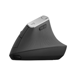 Souris ergonomique verticale Logitech MX Vertical vue de trois quarts avec port de recharge USB-C