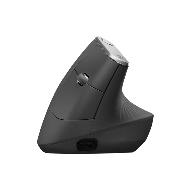 Souris ergonomique verticale Logitech MX Vertical vue de profil avec molette de défilement et port USB-C