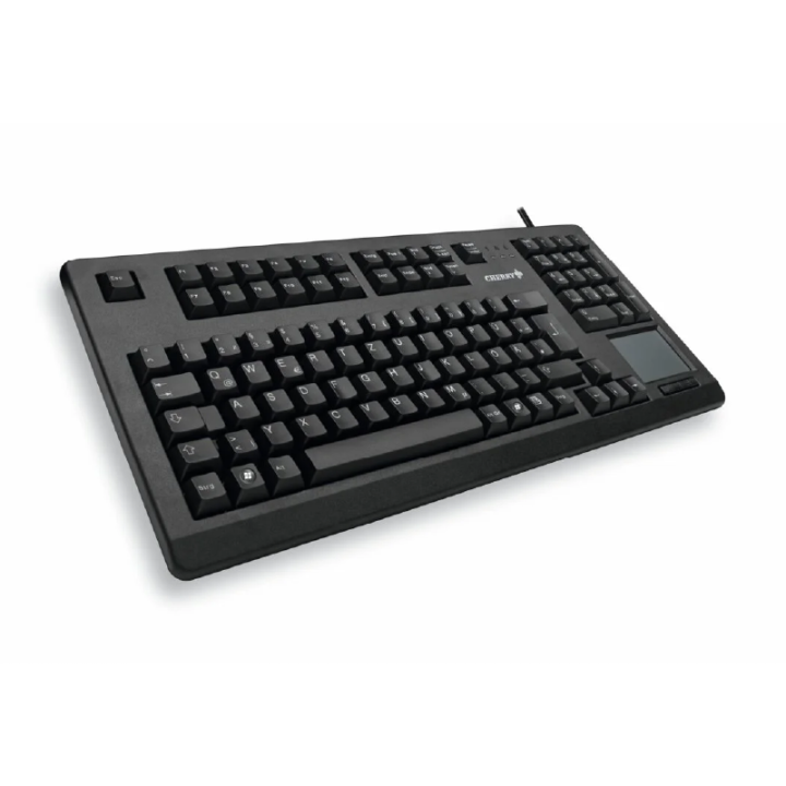 Clavier filaire Cherry avec touchpad intégré et pavé numérique, vue de trois quarts arrière