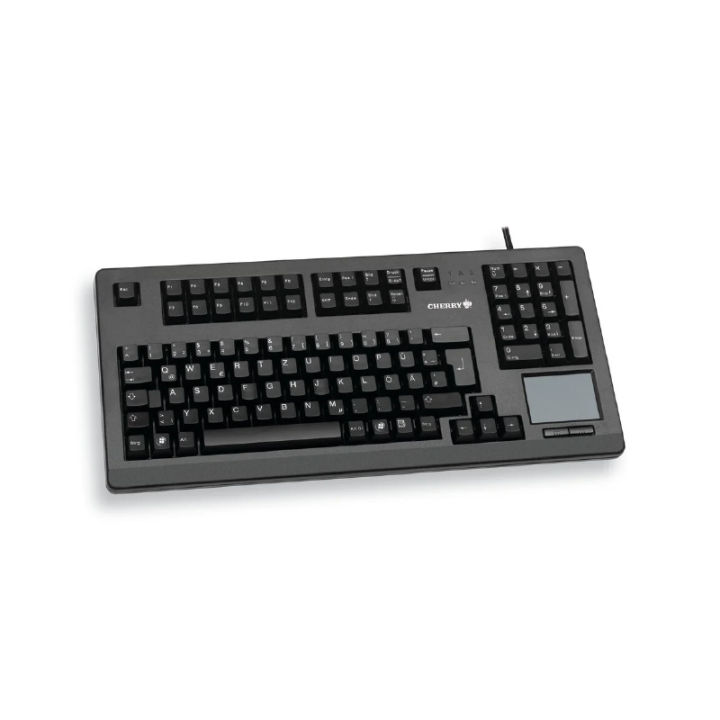 Clavier filaire Cherry avec touchpad intégré et pavé numérique, vue de trois quarts