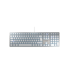 Clavier filaire Cherry KC 6000 Slim blanc et gris avec rétroéclairage bleu et pavé numérique, vue du dessus
