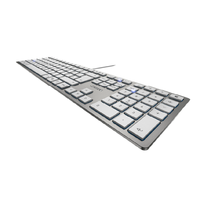 Clavier filaire Cherry KC 6000 Slim blanc et gris avec rétroéclairage bleu et pavé numérique, vue de trois quarts