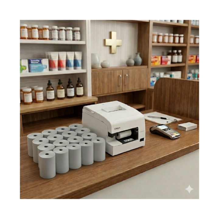 Rouleaux de papier thermique utilisés avec une imprimante Epson TM-H sur un comptoir de pharmacie