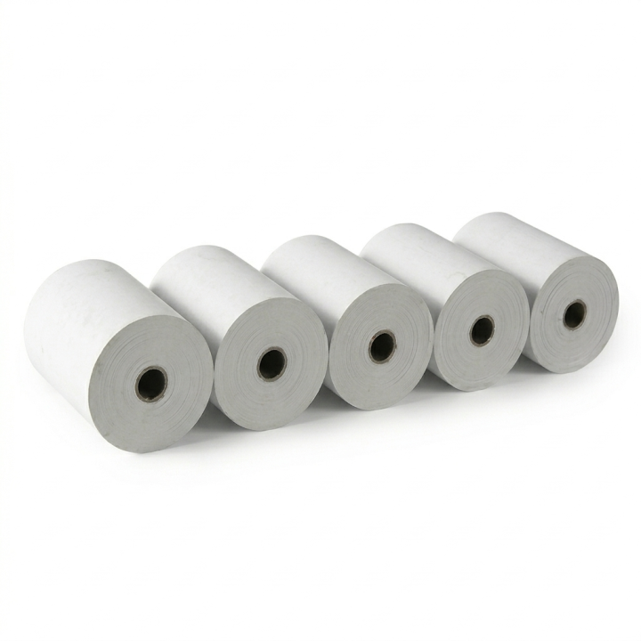 5 rouleaux de papier thermique pour Epson TM-H 6000 alignés en diagonale vue de trois quarts