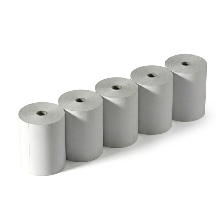 5 rouleaux de papier thermique pour epson tmh6000 alignés vue de trois quarts