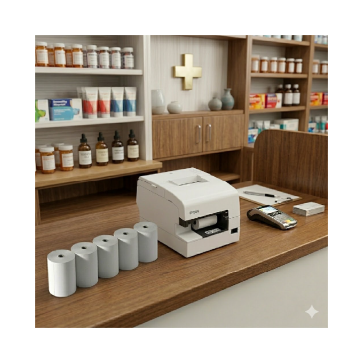 Rouleaux de papier thermique posés devant une imprimante Epson TM-H6000 sur un comptoir de pharmacie