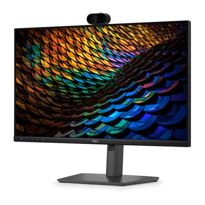 Moniteur Dell Pro P2426HEB vu de trois-quarts mettant en avant son écran sans bordure et sa webcam 4K rétractable