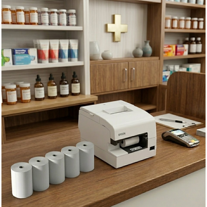 Rouleaux de papier thermique posés devant une imprimante Epson TM-H6000 sur un comptoir de pharmacie