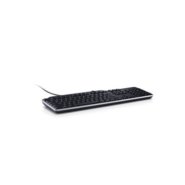Vue latérale du clavier Dell KB522 montrant son design fin et son câble de connexion USB