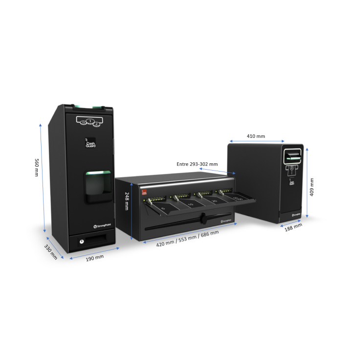 Monnayeur automatique Haut de Gamme – CashGuard Core avec les dimensions des 3 parties