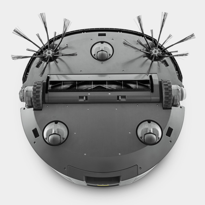 vue du dessous du robot aspirateur KIRA CV 50 montrant le suceur d'aspiration ainsi que les 2 brosses latérales