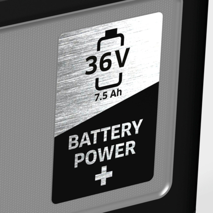 gros plan sur l'étiquette de la batterie qui indique BATTERY POWER + 36V 7.5 Ah