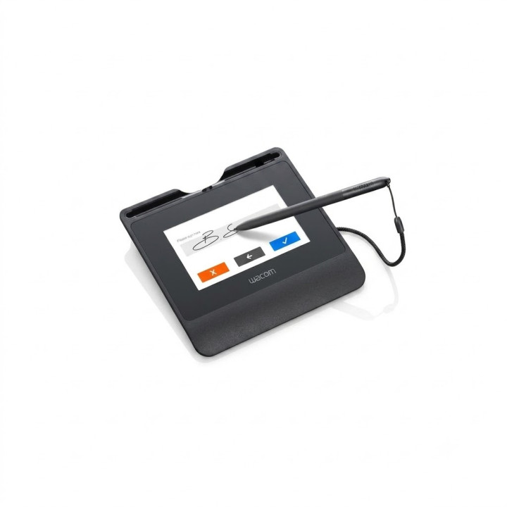 vue de la tablette Wacom STU 540 en 3/4 droite avec le stylet de signature écrivant sur l'écran