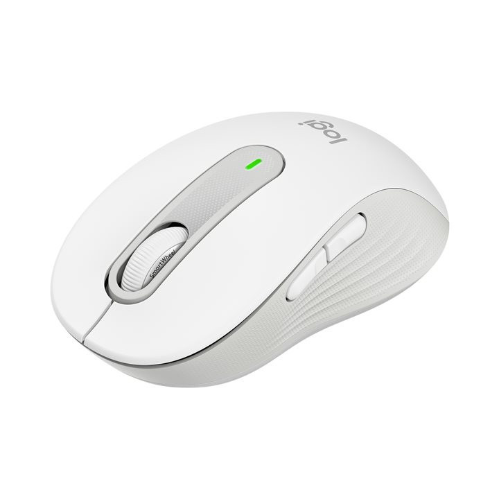 vue de 3/4 face de la souris sans fil blanche Logitech Signature M650