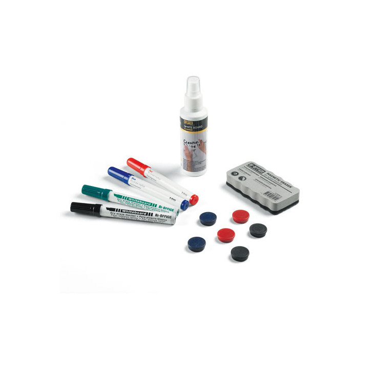 Kit accessoires tableau blanc avec 4 marqueurs, 6 aimants, 1 brosse magnétique et 1 spray nettoyant de 125 ml