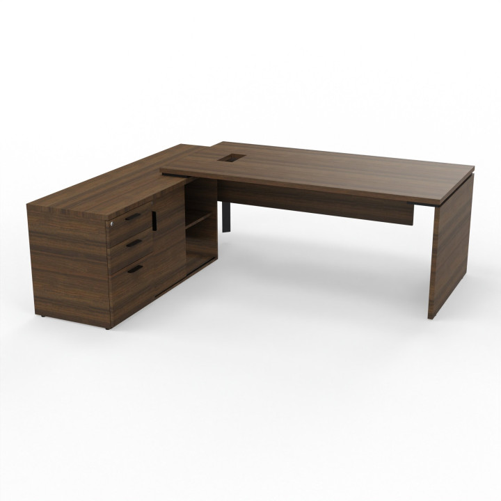 vue du bureau rectangulaire KARA avec meuble de rangement porteur à gauche couleur noyer