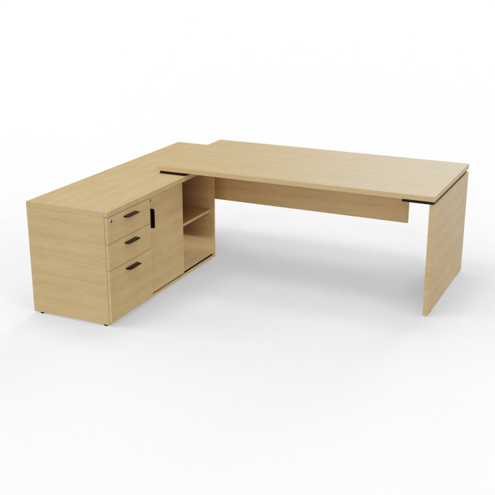 vue du bureau KARA chêne avec meuble porteur à gauche