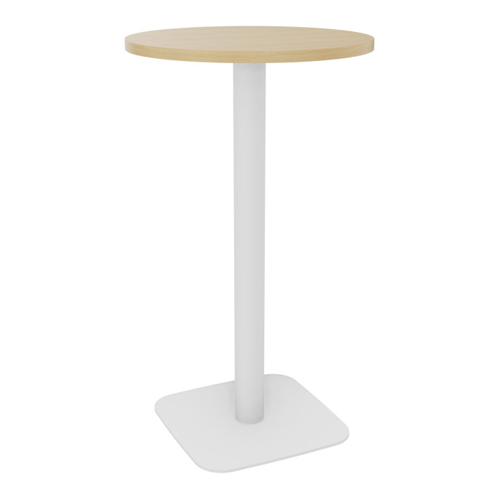 gros plan sur la table mange debout ronde  plateau chêne et pied central blanc