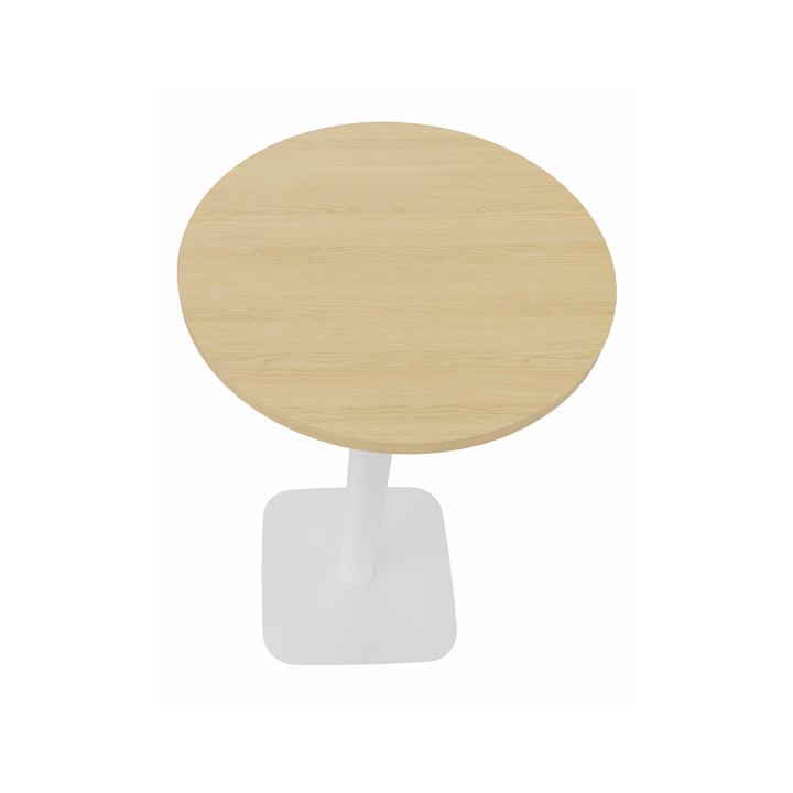 Vue de 3/4 haut de la table haute ronde plateau chêne et pied central blanc ELOISE