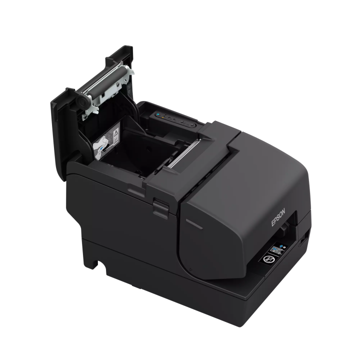 Vue de 3/4 droit de l'imprimante Epson TM-H6000VI noire avec son capot ouvert