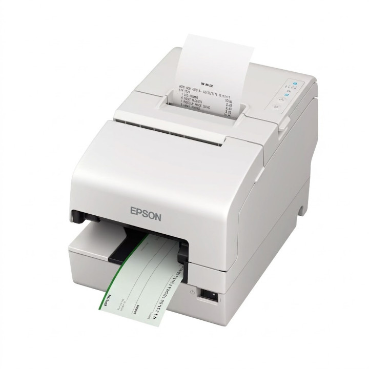 Vue de 3/4 gauche de l'imprimante Epson TM-H6000VI blanche