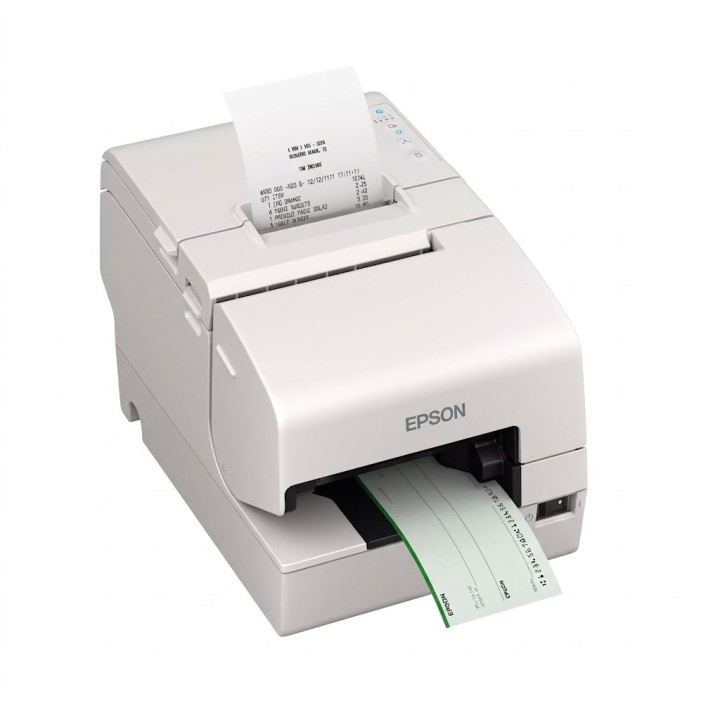 Vue de 3/4 droit de l'imprimante Epson TM-H6000VI blanche avec le ticket sortant vers le bas