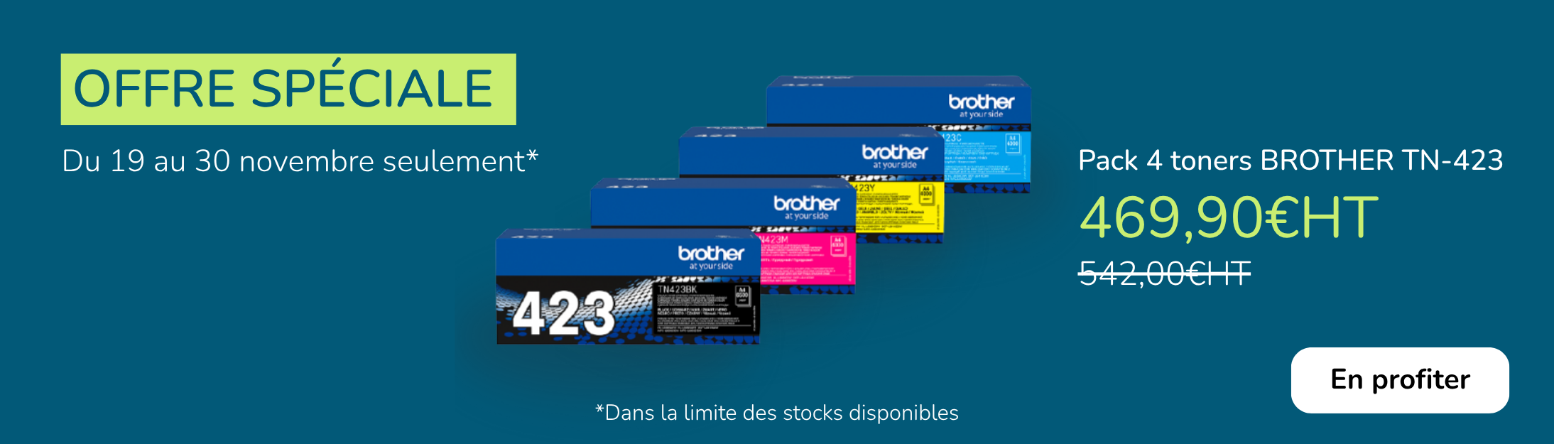 <p>Du 19 au 30 Novembre 2025, Docashop propose le Pack 4 toners BROTHER TN-423 au prix imbattable de 469.90 €HT</p>