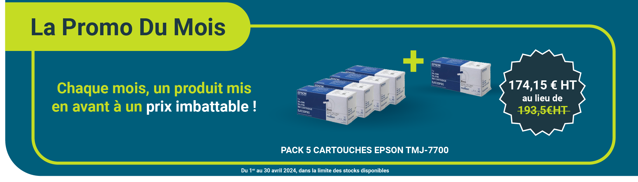 <p>Le Pack 5 cartouches EPSON TMJ-7700 à 174.15 €HT, soit la cartouche à 34.83 €HT</p>