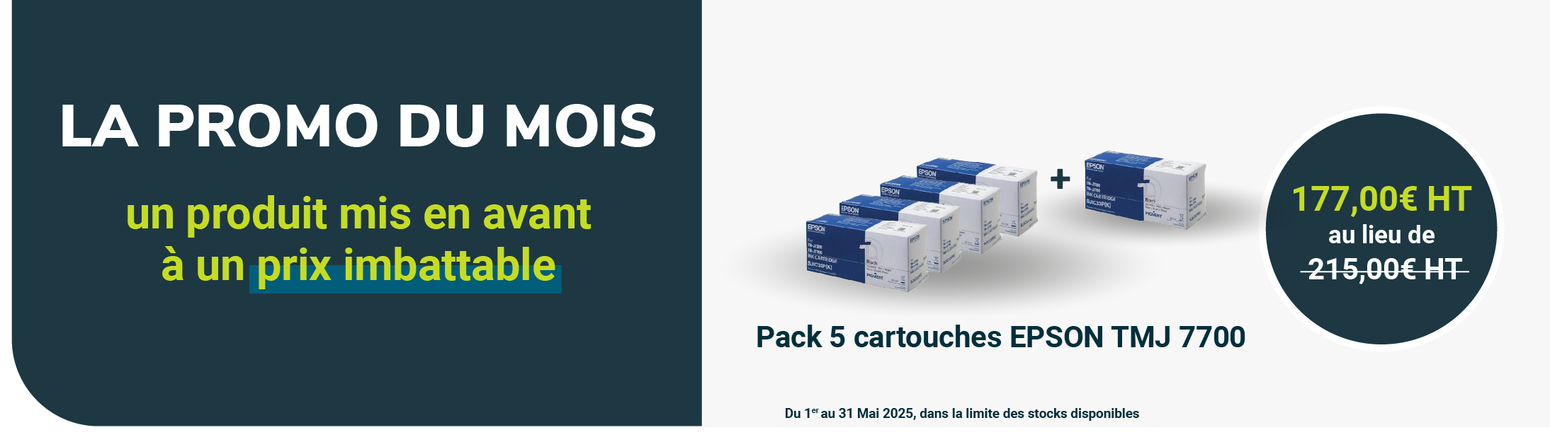 <p>Docashop vous propose sa Promo du Mois de Mai 2025 avec le Pack 5 cartouches EPSON TM-J7200 7700 au prix imbattable de 177 €HT</p>