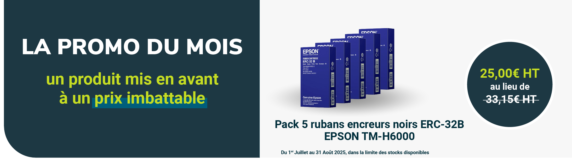 <p>Du 1er Juillet au 31 Aout 2025, Docashop vous propose le Pack 5 rubans EPSON ERC-32B pour imprimante EPSON TM-H6000 au prix imbattable de 25.00€HT</p>