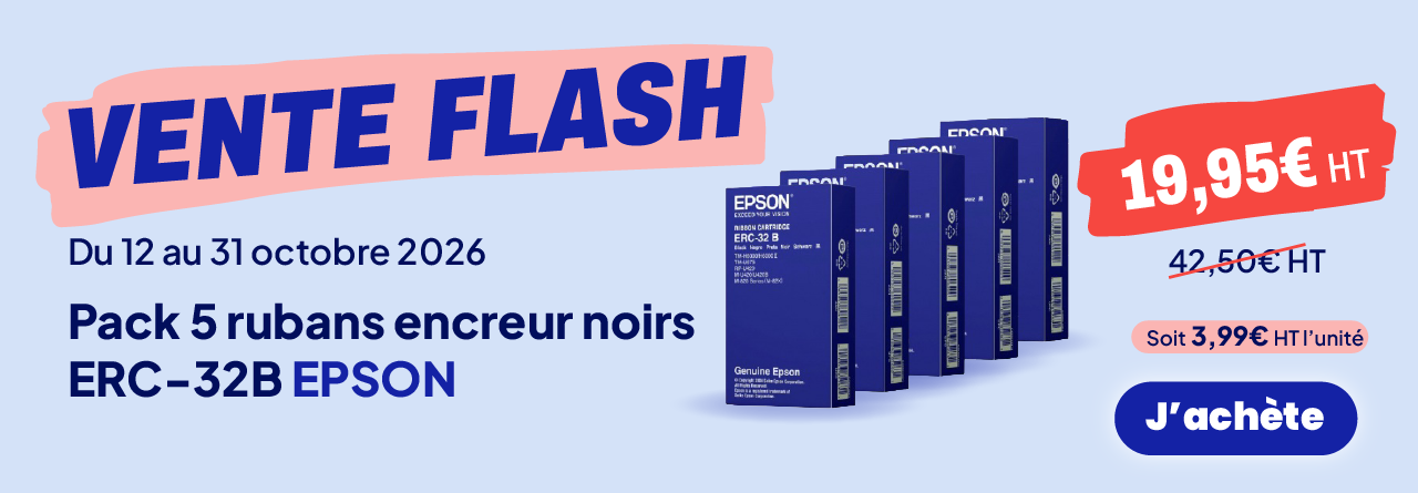 <p>Offre Exceptionnelle : Du 12 au 31 Octobre, profitez du pack 5 rubans EPSON Erc-32B au prix imbattable de 19.95€HT</p>