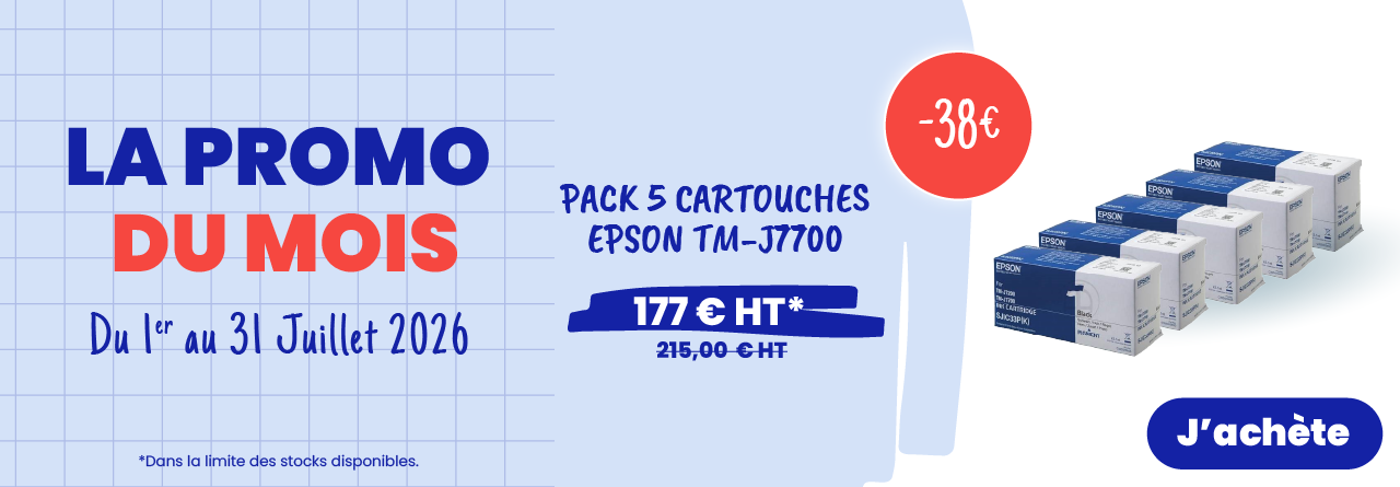 <p>Du 1er au 31 Juillet 2026 Docashop vous propose le pack 5 cartouches EPSON TMJ7700 - TMJ 7200 au prix imbattable de 177€HT</p>