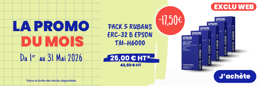 <p>Promo du Mois : le pack 5 rubans EPSON ERC-32B pour imprimante TM-H6000 à 25€HT du 1er au 31 Mai 2026</p>