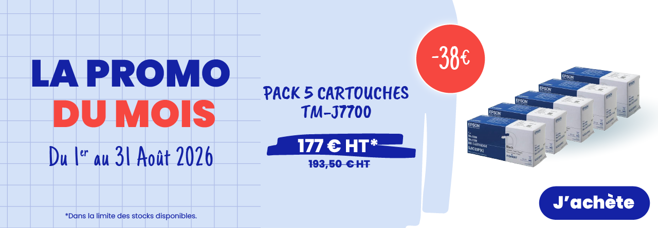 <p>Du 1er au 31 Juillet 2026 Docashop vous propose le pack 5 cartouches EPSON TMJ7700 - TMJ 7200 au prix imbattable de 177€HT</p>