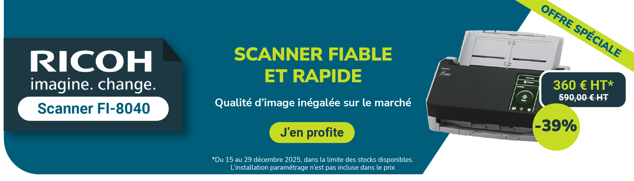 <p>Profitez de 39% de remise sur le prix du Scanner de document RICOH FI-8040</p>